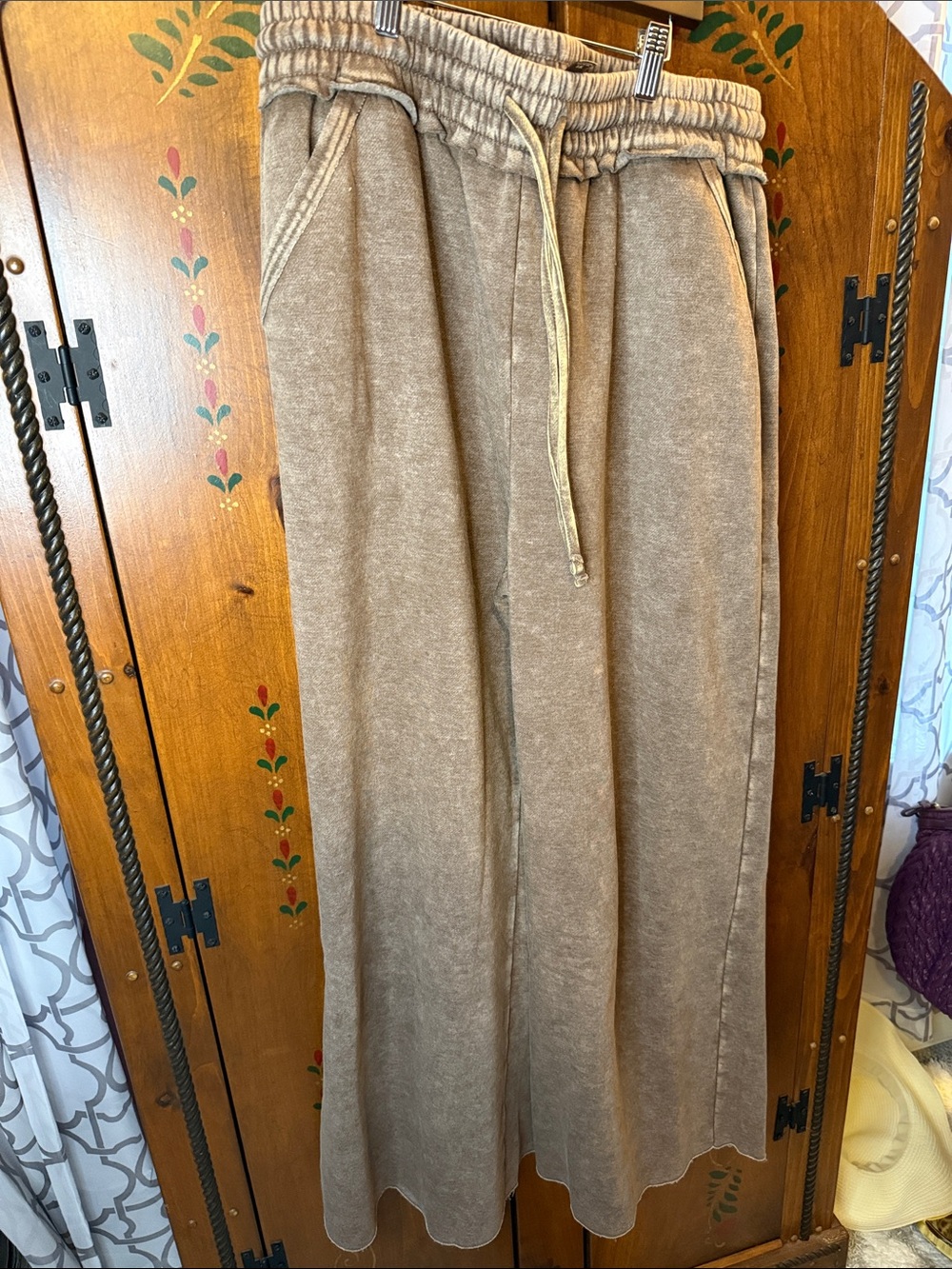 Zenana Outfitters Wide Leg Drawstring fleece wide leg casual pants NEW BROWN 1X - Picture 8 of 8
